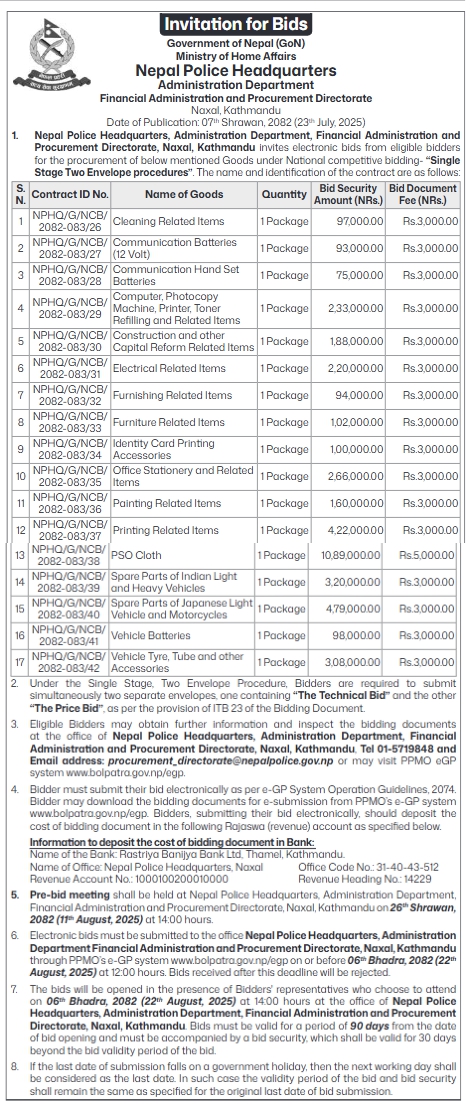 Invitation For Bids For The Procurement Of Various Goods