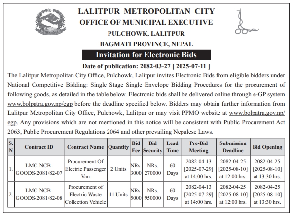Invitation To Bid For Procurement Of Electric Vehicles