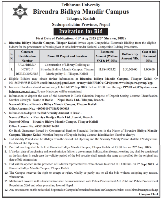 Invitation For Bids For Procurement Of Works (Birendra Bidhya Mandir Campus, Tikapur, Kailali)