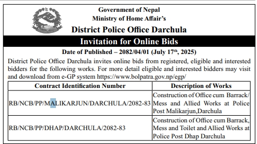 Invitation For Online Bids For Construction Of Police Office And Barrack Facilities In Darchula