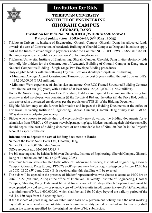 Invitation for Bids for Construction of Academic Building of Ghorahi Campus