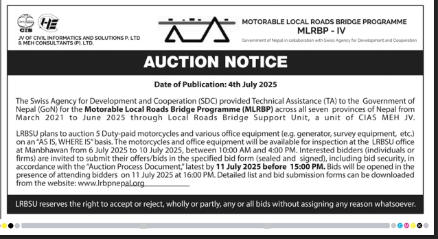 Auction Notice For Sale Of Duty-paid Motorcycles And Office Equipment
