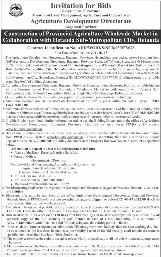 Construction of Provincial Agriculture Wholesale Market