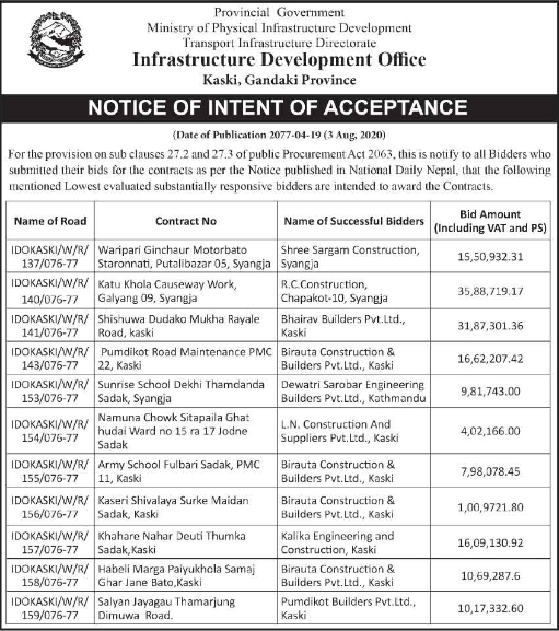 Notice of Intent of Acceptance
