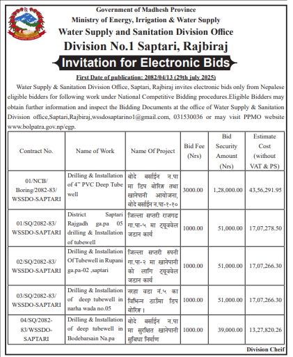 Invitation For Bid For Drilling And Installation Of Deep Tube Wells In Various Locations Of Saptari District