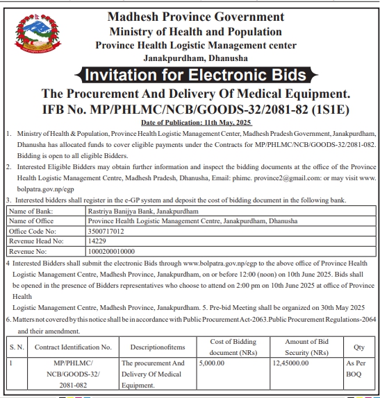 Invitation for Electronic Bids for The Procurement And Delivery Of Medical Equipment