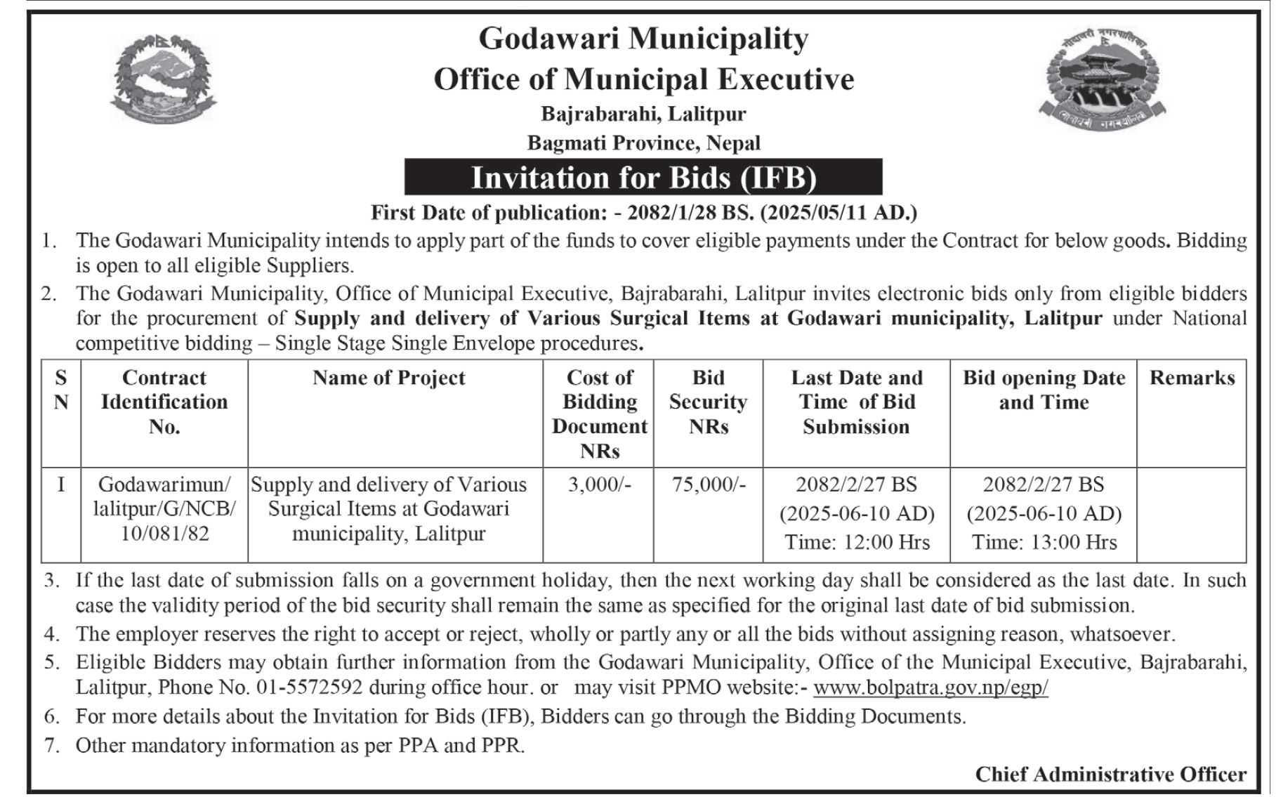 Invitation for Bids for Supply and Delivery of Various Surgical Items