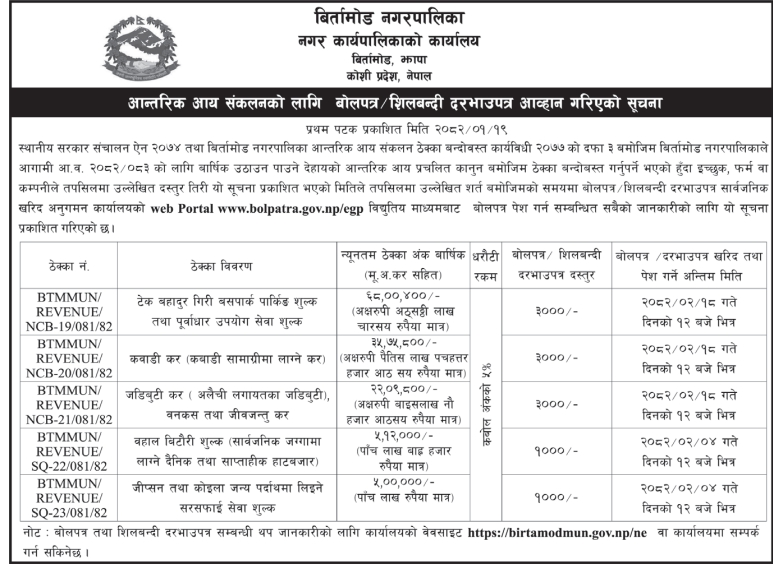 आन्तरिक आय संकलनको लागि बोलपत्र / शिलबन्दी दरभाउपत्र आव्हान गरिएको सूचना
