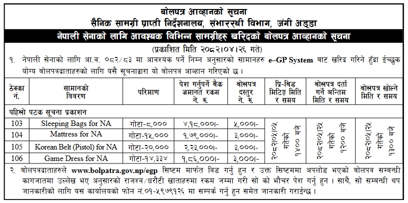 नेपाली सेनाका लागि विभिन्न सैनिक सामग्री खरिदको बोलपत्र आव्हान