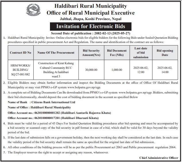 Invitation For Electronic Bids For Construction Of Kirat Kulung Cultural Community RCC Building