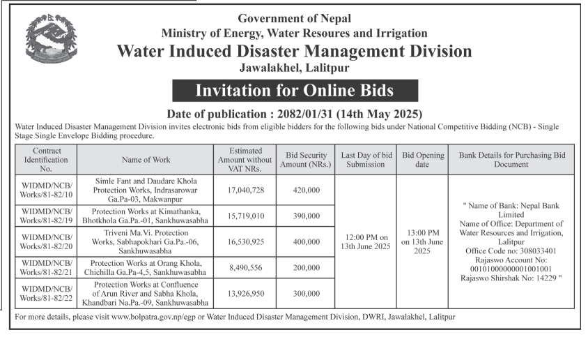 Invitation for Online Bids for Protection Works