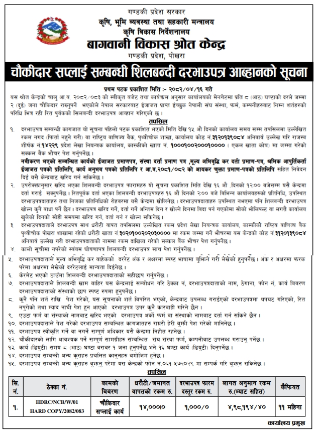 चौकीदार सप्लाई सम्बन्धी शिलबन्दी दरभाउपत्र आब्हानको सूचना