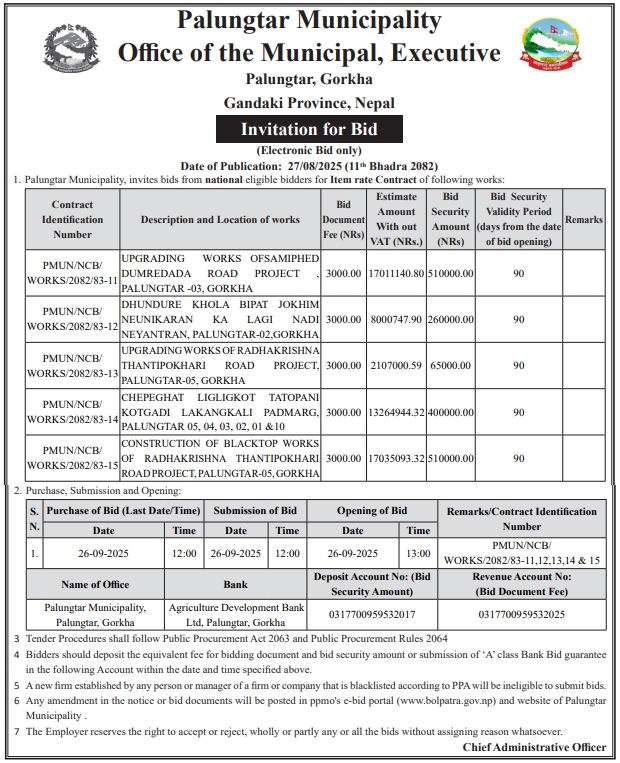 Invitation For Bid For Upgrading And Blacktop Road Construction Works