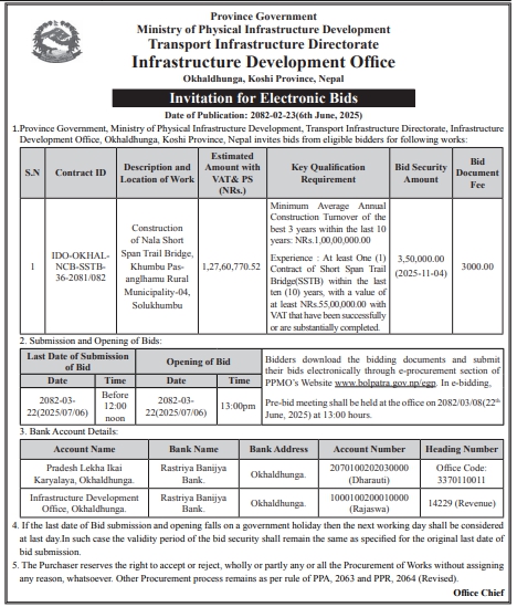 Invitation For Bids For Construction Of Nala Short Span Trail Bridge