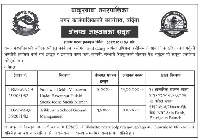 बोलपत्र आह्वानको सचूना - Construction of Road and Ground Management Works