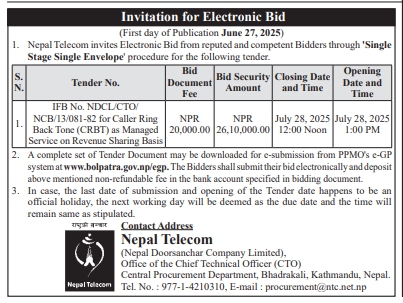 Invitation For Electronic Bid For Caller Ring Back Tone (CRBT) Managed Service On Revenue Sharing Basis