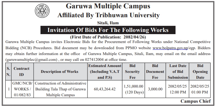 Invitation For Bids For Construction Of Administrative Building At Garuwa Multiple Campus