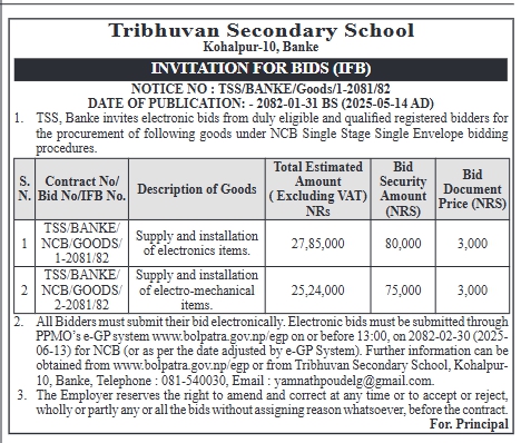 Invitation for Bids for Supply and Installation of Electronics Item