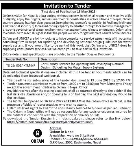 Invitation to Tender for Consultancy Services for Updating and Developing National Design Guidelines for Water Supply Systems