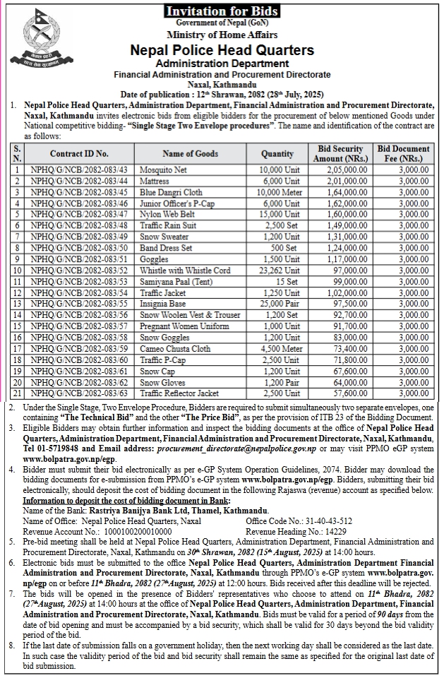 Invitation For Bids For Procurement Of Uniform And Equipment Items