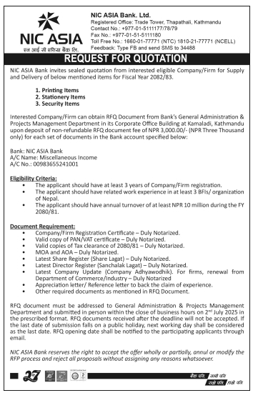 Invitation For Sealed Quotation For Supply And Delivery Of Items By NIC Asia Bank