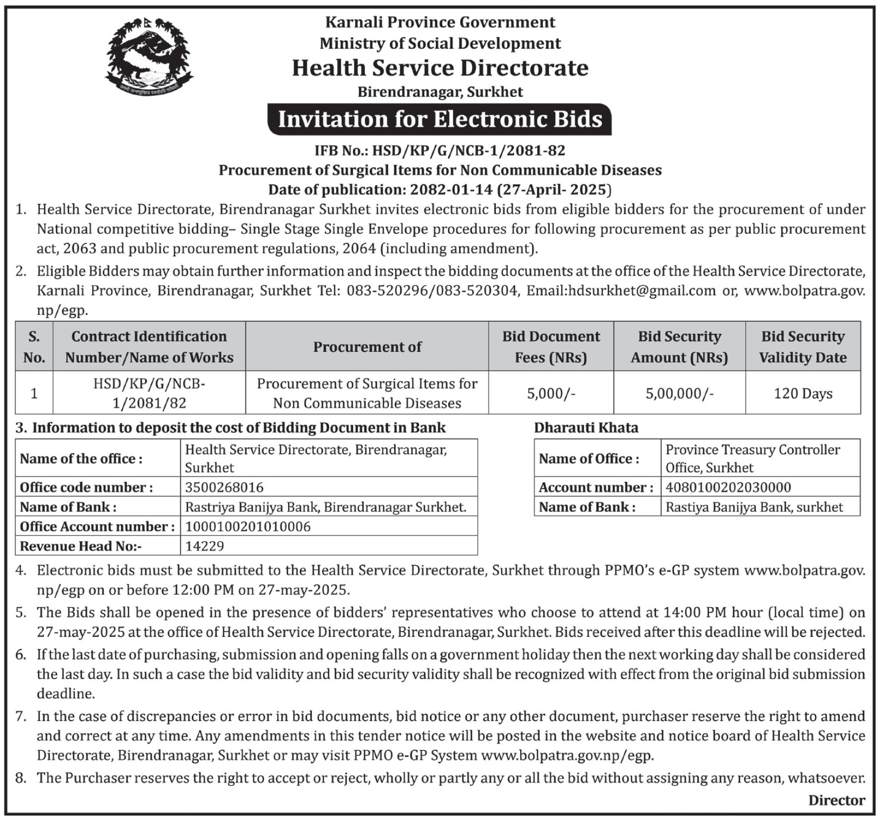 Invitation for Electronic Bids for Procurement of Surgical Items for Non Communicable Disease