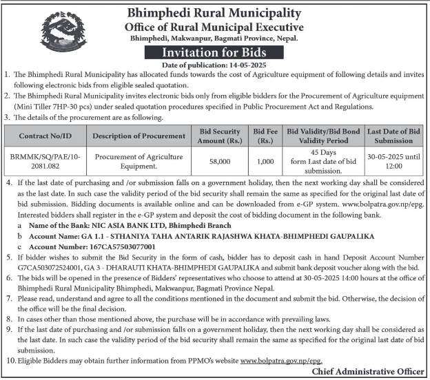 Invitation for Bids for Procurement of Agriculture Equipment