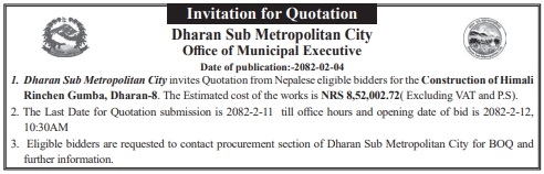 Invitation for Quotation Construction of Himali Rinchen Gumba