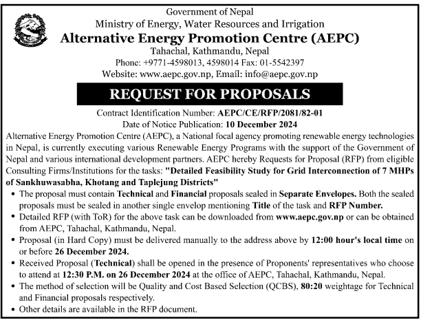 Request for Proposals for Detailed Feasibility Study for Grid Interconnection of 7 MHPs of Sankhuwasabha, Khotang and Taplejung Districts