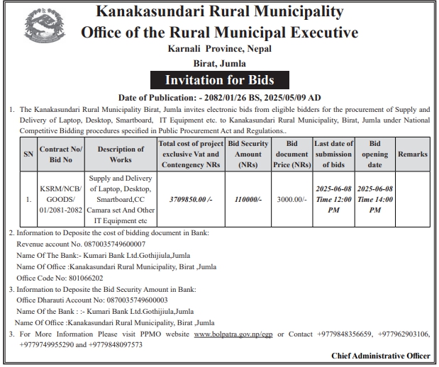 Invitation for Bids for the Procurement of Supply and Delivery of Laptop, Desktop, Smartboard, IT Equipment  and Other Accessories