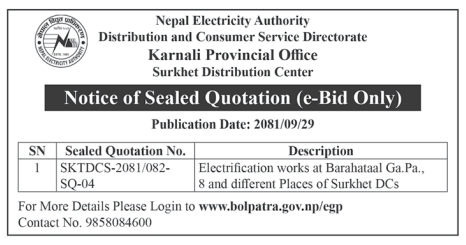 Notice of Sealed Quotation for Electrification Works at Barahataal Ga.Pa, 8 and Different Places of Surkhet DCs