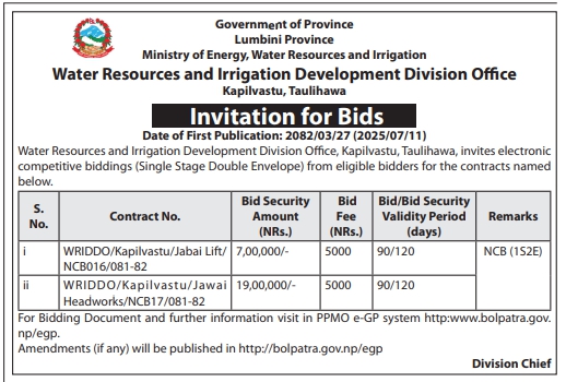 Invitation For Bids For Lumbini Province, Ministry Of Energy, Water Resources And Irrigation