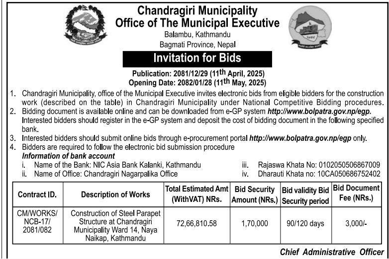 Invitation for Bids for Construction of Steel Parapet Structure