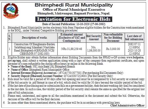 Invitation For Electronic Bid For Construction Of Baaghmara-bardeu-solabhnajyang-manahari-nimtilake Road, Bhimphedi Rural Municipality, Makwanpur