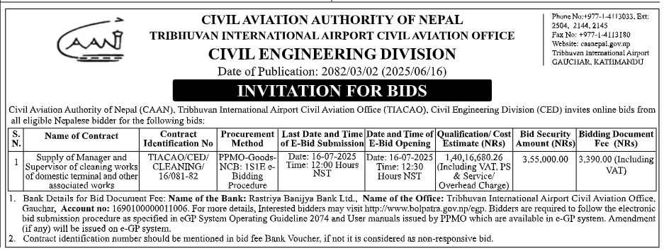 Invitation For E-bids For Cleaning Management Services At Domestic Terminal