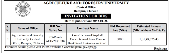 Invitation for Bids for Construction of Asphalt Concrete Road