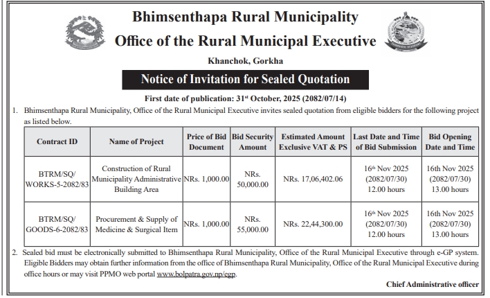 Invitation For Sealed Quotation (SQ) For Construction Of Rural Municipality Administrative Building And Procurement Of Medicines & Surgical Items