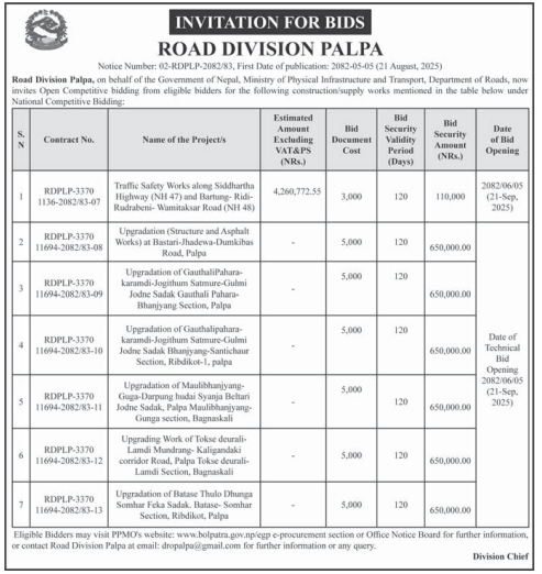Invitation For Bids For Road Division Palpa For Various Road Upgradation And Traffic Safety Works