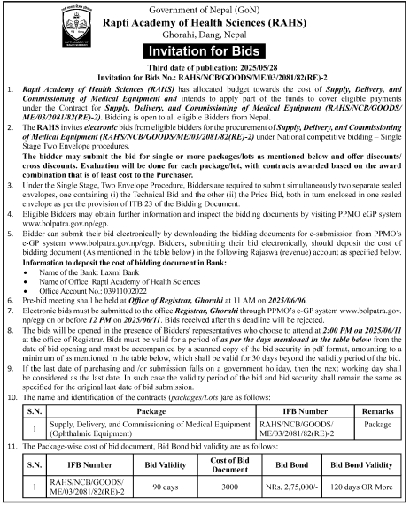 Invitation For Bids For Supply, Delivery, And Commissioning Of Medical Equipment