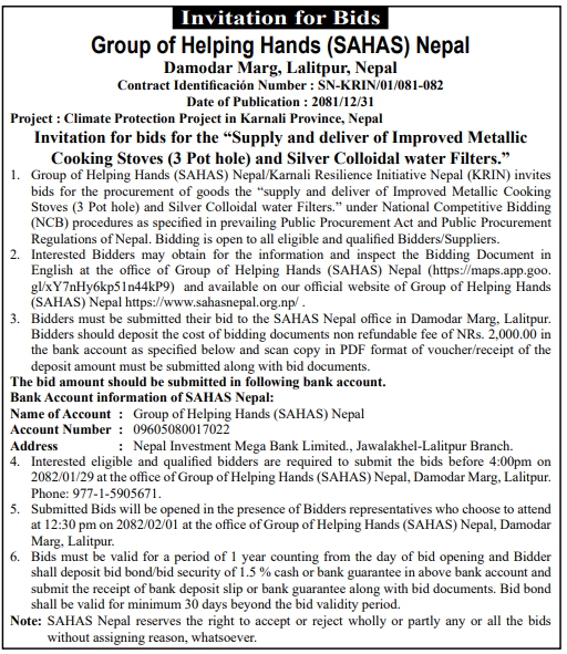 Invitation for bids for the Supply and deliver of Improved Metallic Cooking Stoves (3 Pot hole) and Silver Colloidal water Filters