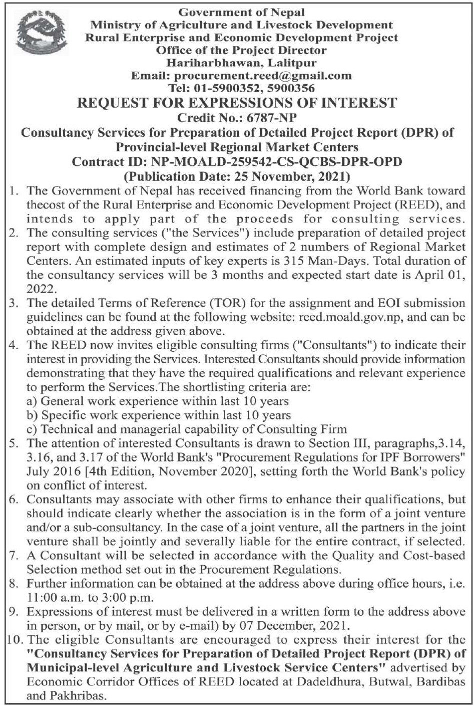 Consultancy Services for Preparation of Detailed Project Report (DPR) of Municipal-level Agriculture and Livestock Service Centers