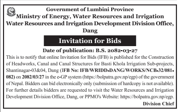 Invitation To Bid For Construction Of Headworks, Canal, And Canal Structures