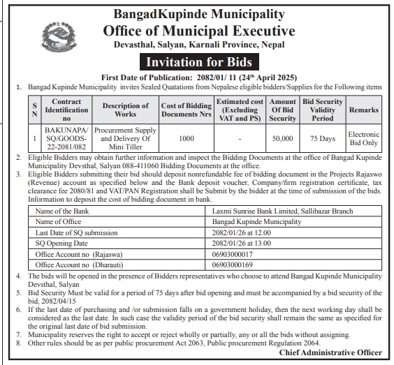 Invitation for Bids for Procurement, Supply and Delivery of Mini Tiller