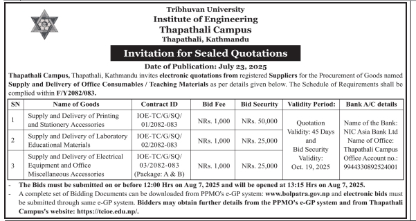 Invitation For Sealed Quotations For Supply And Delivery Of Office Consumables, Teaching Materials, Electrical Equipment, And Accessories
