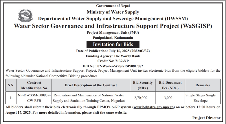 Invitation For Bids For Renovation And Maintenance Of National Water Supply And Sanitation Training Center