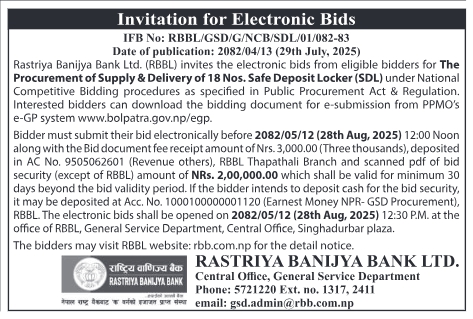 Invitation For Bid For Supply And Delivery Of 18 Safe Deposit Lockers