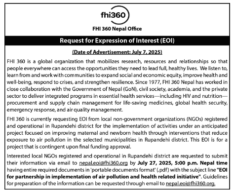 EOI For Partnership With Ngos For Air Pollution & Maternal/child Health Project In Rupandehi
