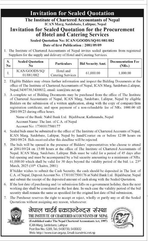 Invitation for Sealed Quotation for the Procurement of Hotel and Catering Services