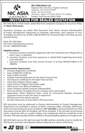 Invitation For Sealed Quotation For Insurance Policy For Bank's Fixed Assets