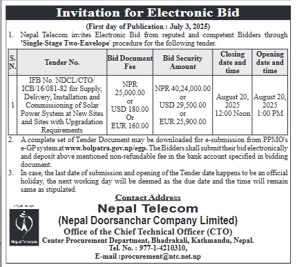 Invitation For Electronic Bid For Supply, Delivery, Installation & Commissioning Of Solar Power System